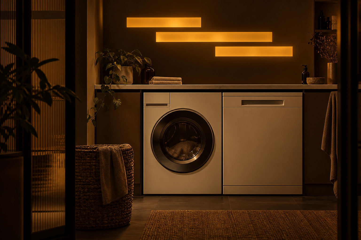 An amber-lit laundry room with staggered illuminated strips